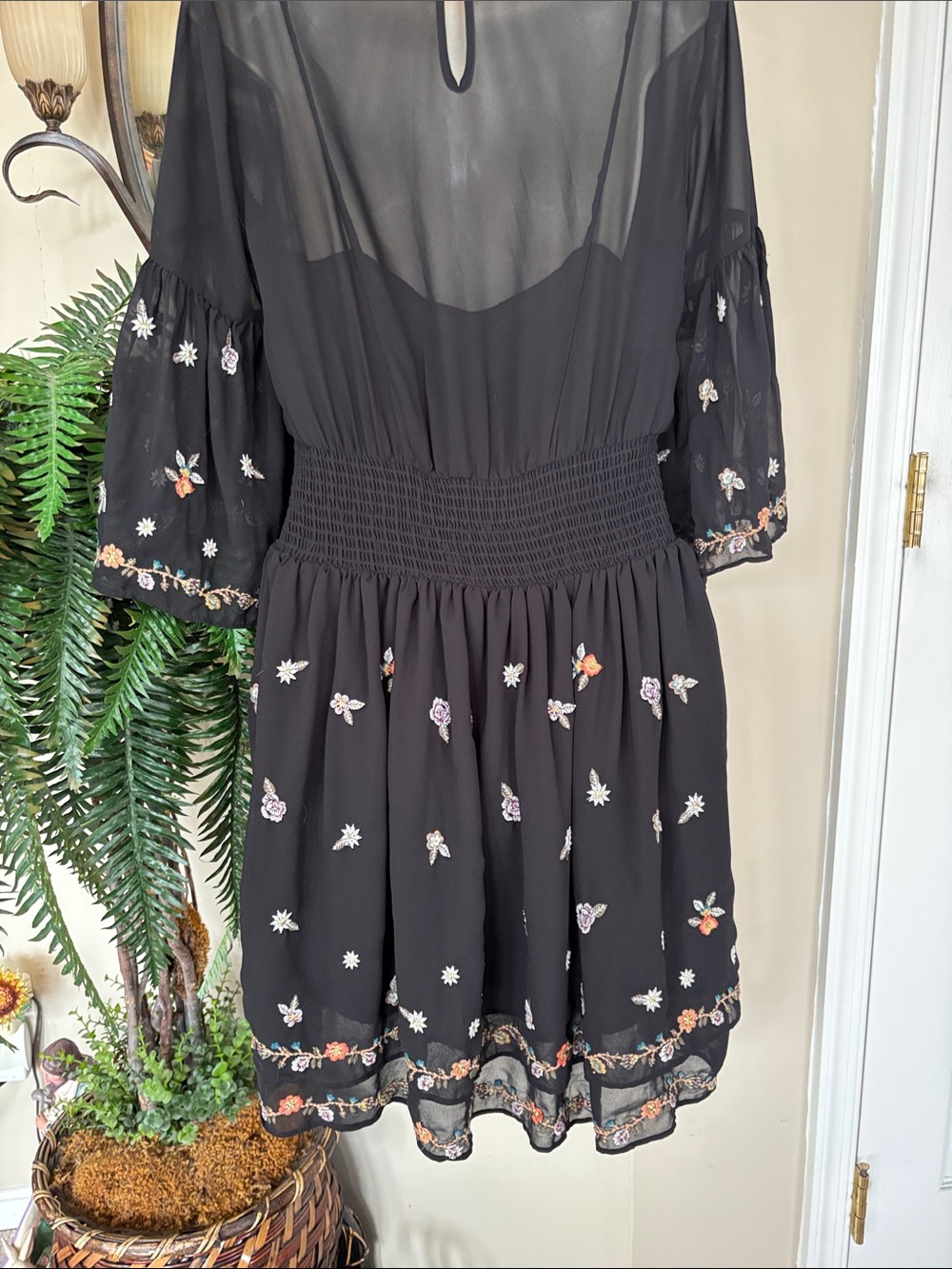 Maeve Anthropologie Black Floral Embroidered Layered Sheer Ruffle Mini Dress - Picture 10 of 15